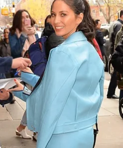 New York City Olivia Munn Blue Leather Jacket