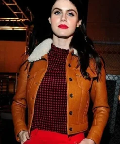 Alexandra Daddario Brown Leather Jacket With Fur Trim