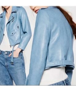 Women’s Baby Blue Motorcycle Leather Jacket