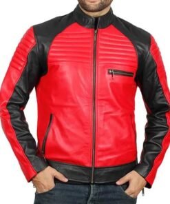 Men’s Padded Red and Black Sheepskin Leather Biker Jacket