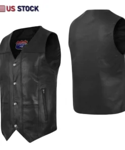 Men's Black Classic V-Neck Leather Motorcycle Vest | Biker Rider Apparel & Gear