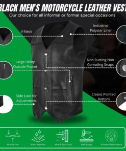 Men's Black Classic V-Neck Leather Motorcycle Vest | Biker Rider Apparel & Gear