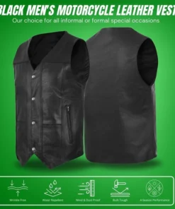 Men's Black Classic V-Neck Leather Motorcycle Vest | Biker Rider Apparel & Gear