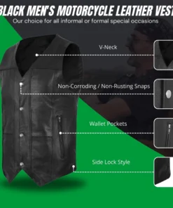 Men's Black Classic V-Neck Leather Motorcycle Vest | Biker Rider Apparel & Gear