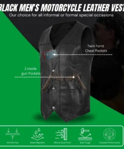 Men's Black Classic V-Neck Leather Motorcycle Vest | Biker Rider Apparel & Gear