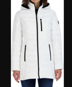 Nautica women’s 3/4 midweight stretch puffer jacket with hood