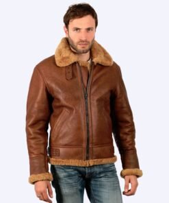 Men’s Brown Aviator Genuine Fur Leather Bomber Jacket