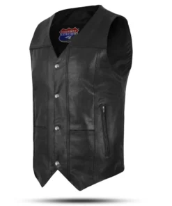 Men's Black Classic V-Neck Leather Motorcycle Vest | Biker Rider Apparel & Gear