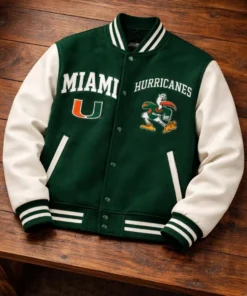 Letterman Handmade Miami Hurricanes varsity Jacket with white Leather sleeves