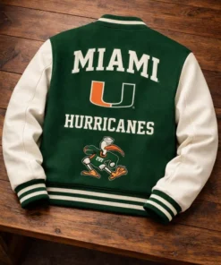 Letterman Handmade Miami Hurricanes varsity Jacket with white Leather sleeves