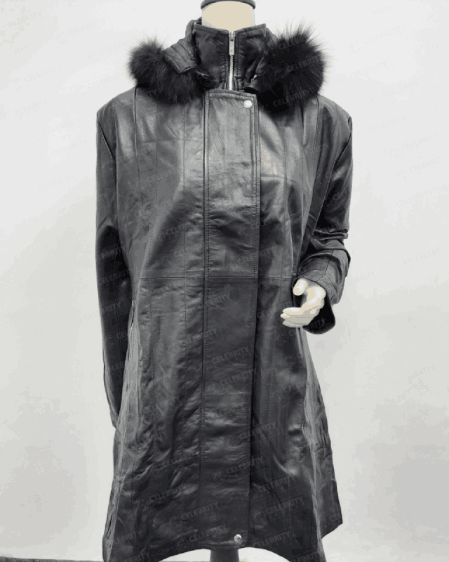 Womens Black Leather Coat – Removable Fur Hood Womens Black Leather Coat – Removable Fur Hood