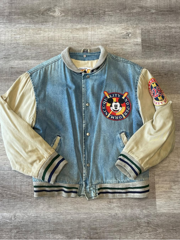 Vintage 1990s Mickey Mouse Triple Letterman Denim Varsity Jacket Vintage 1990s Mickey Mouse Triple Letterman Denim Varsity Jacket