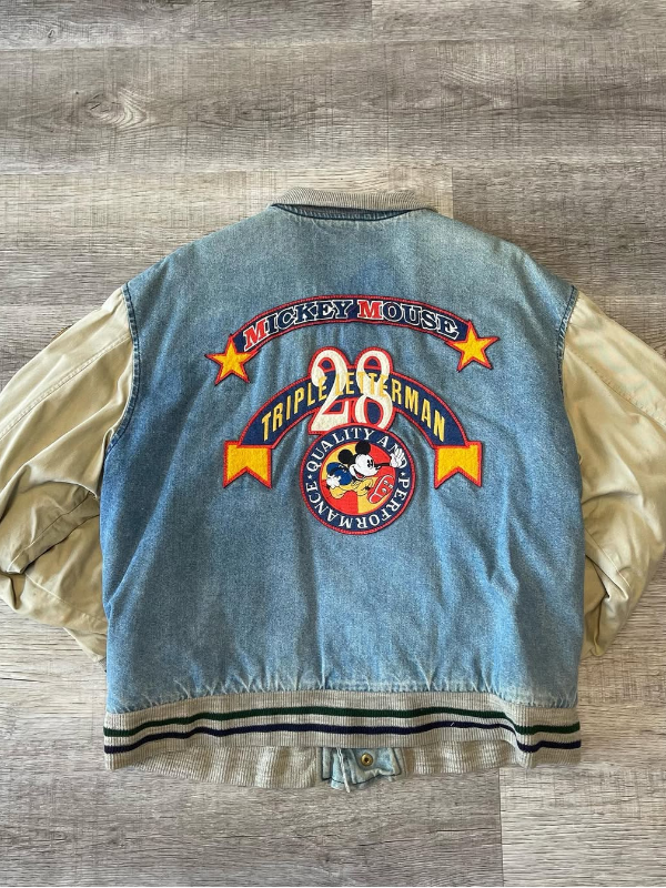 Vintage 1990s Mickey Mouse Triple Letterman Denim Varsity Jacket Vintage 1990s Mickey Mouse Triple Letterman Denim Varsity Jacket