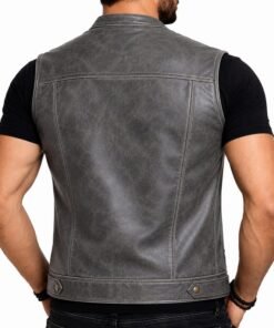 Mens Grey Cowhide Leather Vest Motorcycle Biker Waistcoat Jacket