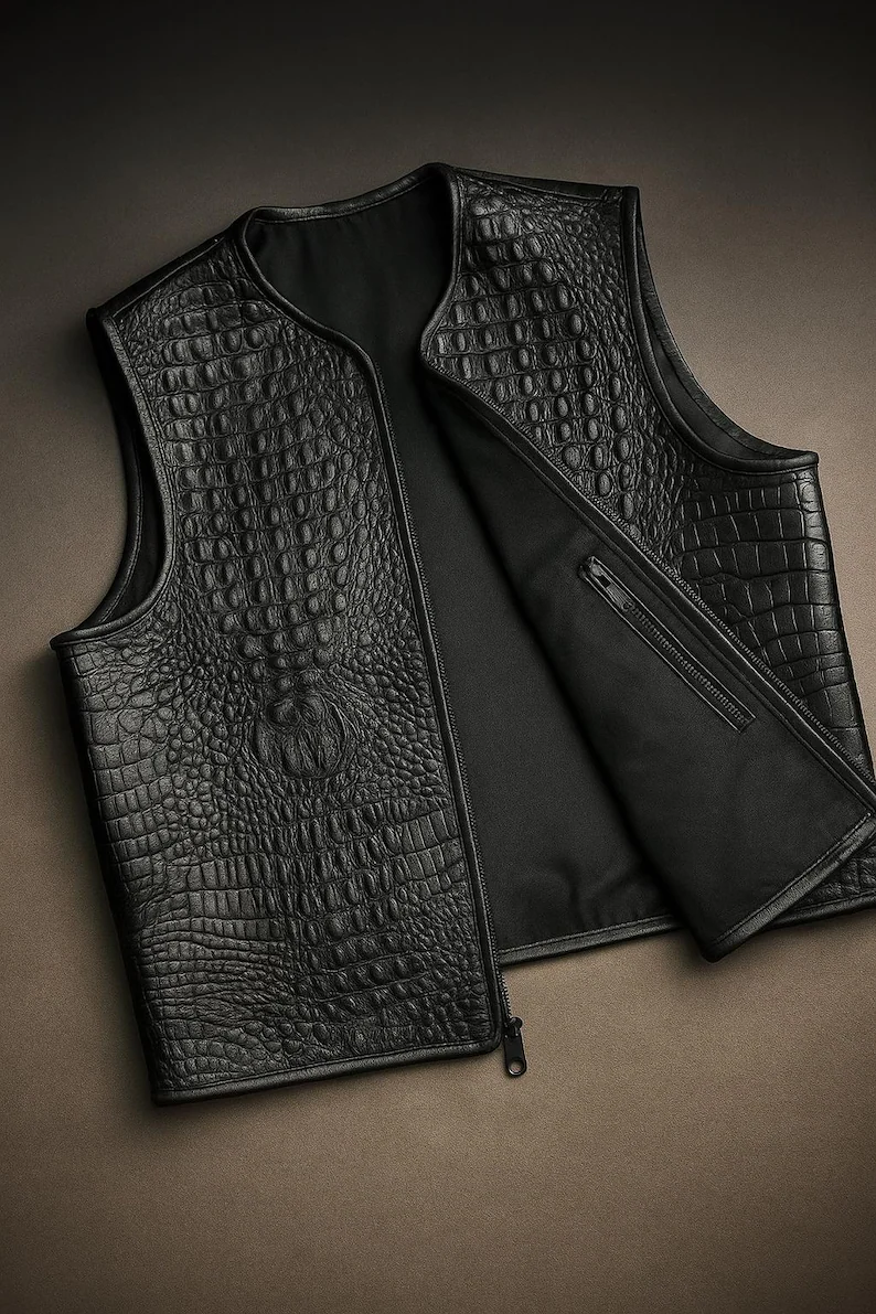 Genuine Crocodile Leather Look Vest Handmade Biker Western Style Gilet Genuine Crocodile Leather Look Vest Handmade Biker Western Style Gilet