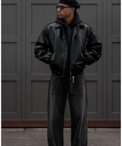Handmade Vintage Black Leather Bomber Jacket for Mens 90s Retro Style Real Sheep Leather Casual Streetwear Relaxed Fit Lightweight Jackets