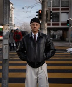 Handmade Vintage Black Leather Bomber Jacket for Mens 90s Retro Style Real Sheep Leather Casual Streetwear Relaxed Fit Lightweight Jackets