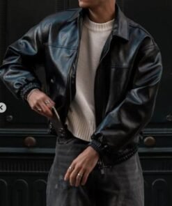 Handmade Vintage Black Leather Bomber Jacket for Mens 90s Retro Style Real Sheep Leather Casual Streetwear Relaxed Fit Lightweight Jackets