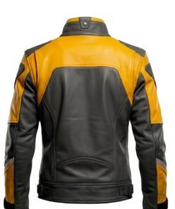 Handmade Mens Leather Motorcycle Jacket Black Yellow Cafe Racer Coat