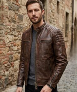 Mens Leather Jacket Handmade Brown Genuine Leather Cafe Racer Biker Style