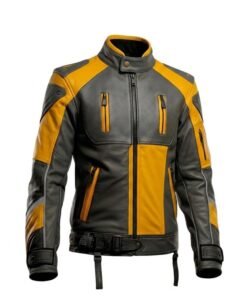 Handmade Mens Leather Motorcycle Jacket Black Yellow Cafe Racer Coat