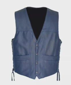 Men's Blue Leather Biker Vest Motorcycle Vest Classic Western Waistcoat