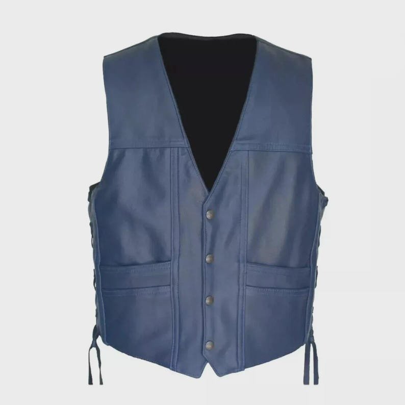 Men's Blue Leather Biker Vest Motorcycle Vest Classic Western Waistcoat Men's Blue Leather Biker Vest Motorcycle Vest Classic Western Waistcoat