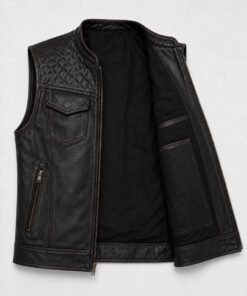 Men’s Black Cowhide Leather Biker Vest Diamond Quilted Motorcycle