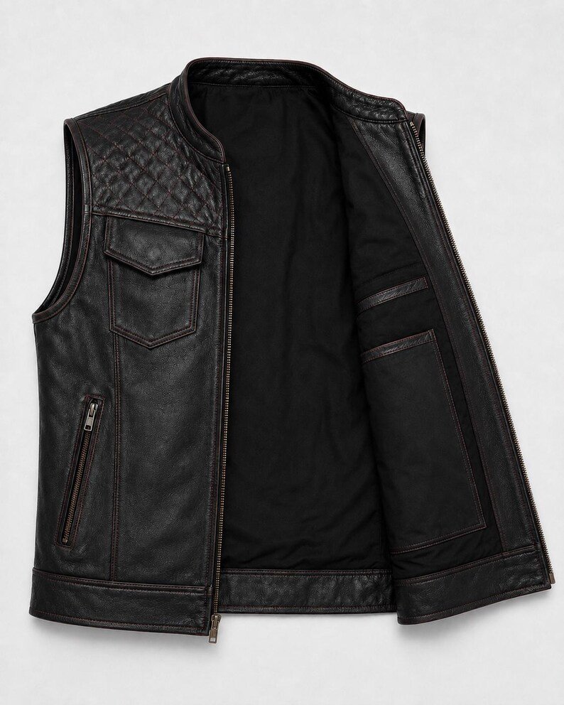 Men’s Black Cowhide Leather Biker Vest Diamond Quilted Motorcycle Men’s Black Cowhide Leather Biker Vest Diamond Quilted Motorcycle
