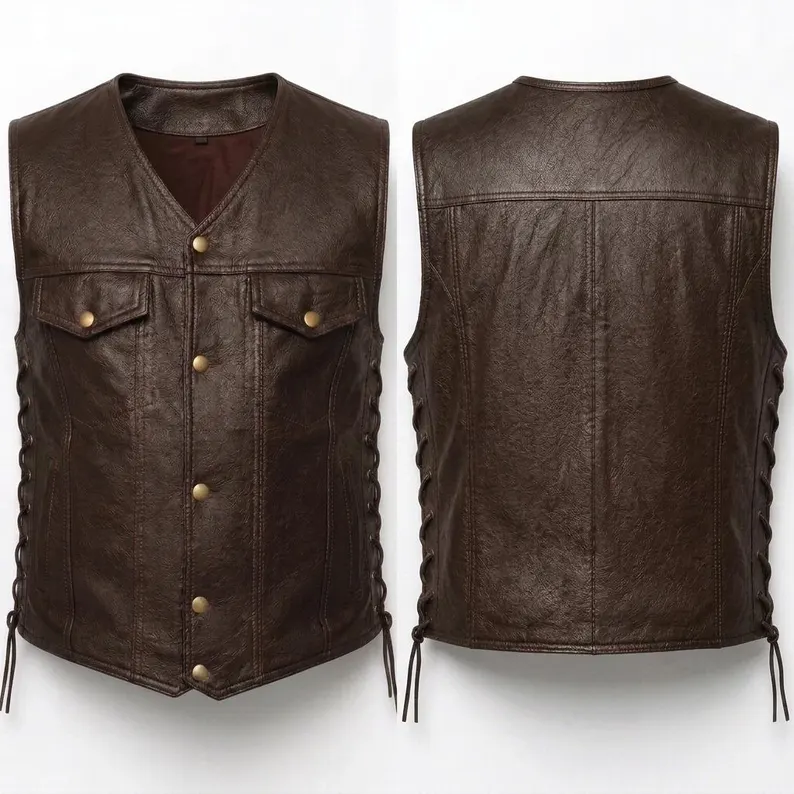 Brown Black Leather Motorcycle Vest | Men’s Lace Up Biker Waistcoat Brown Black Leather Motorcycle Vest | Men’s Lace Up Biker Waistcoat