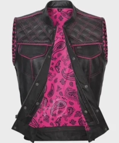 Handmade Black Genuine Leather Biker Vest | Diamond-Quilted Motorcycle Riding Vest with Pink Lining