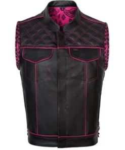 Handmade Black Genuine Leather Biker Vest | Diamond-Quilted Motorcycle Riding Vest with Pink Lining