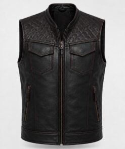 Men’s Black Cowhide Leather Biker Vest Diamond Quilted Motorcycle