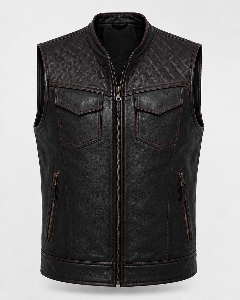 Men’s Black Cowhide Leather Biker Vest Diamond Quilted Motorcycle Men’s Black Cowhide Leather Biker Vest Diamond Quilted Motorcycle