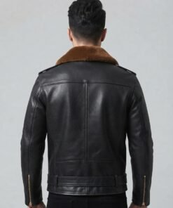 Black Leather Biker Jacket with Fur