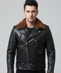 Black Leather Biker Jacket with Fur