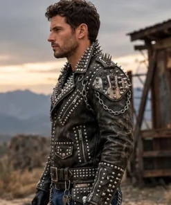 Men’s Black Brando Studded Leather Biker Jacket