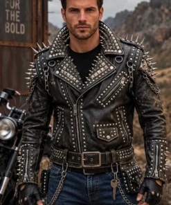 Men’s Black Brando Studded Leather Biker Jacket