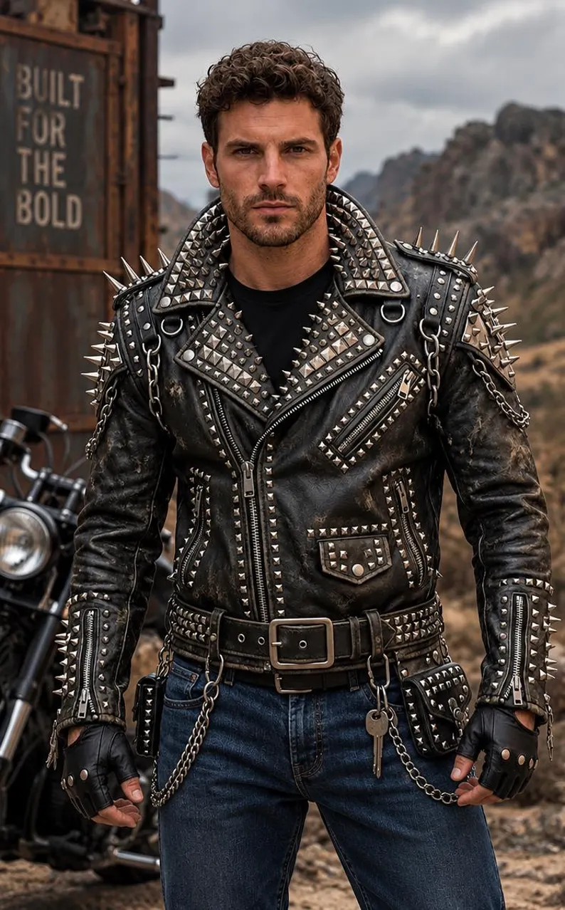 Men’s Black Brando Studded Leather Biker Jacket Men’s Black Brando Studded Leather Biker Jacket