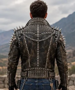 Men’s Black Brando Studded Leather Biker Jacket