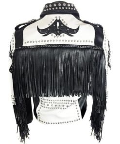 Men’s Black & White Studded Leather Biker Jacket