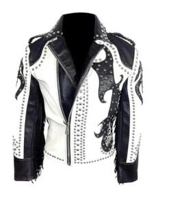 Men’s Black & White Studded Leather Biker Jacket