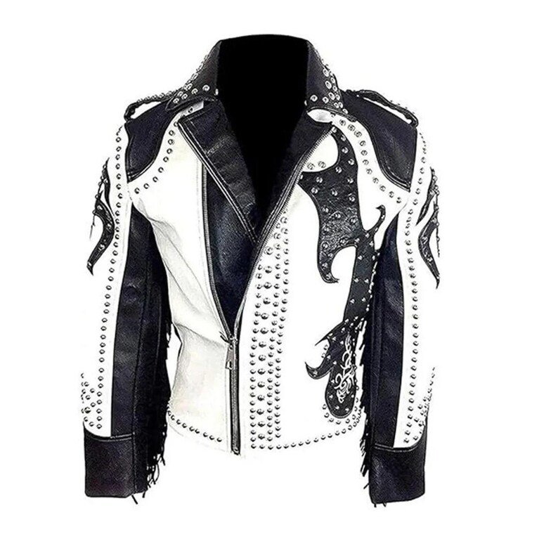 Men’s Black & White Studded Leather Biker Jacket Men’s Black & White Studded Leather Biker Jacket