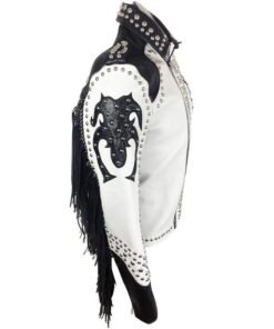 Men’s Black & White Studded Leather Biker Jacket
