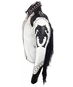 Men’s Black & White Studded Leather Biker Jacket