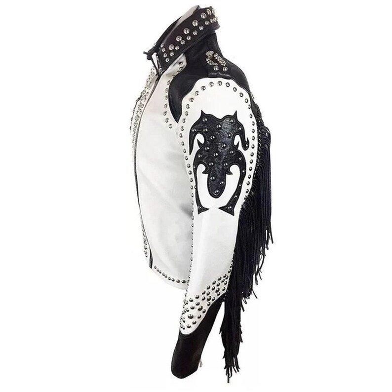 Men’s Black & White Studded Leather Bikers Men’s Black & White Studded Leather Biker Jacket