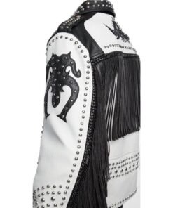 Men’s Black & White Studded Leather Biker Jacket