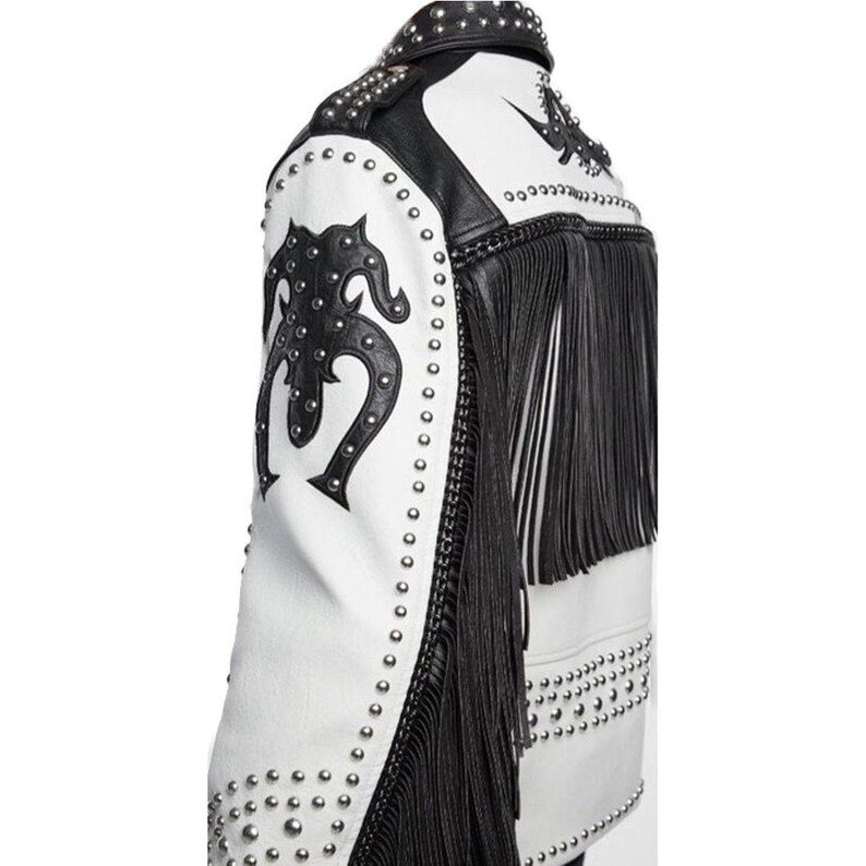 Men’s Black & White Studdeds Leather Biker Jacket Men’s Black & White Studded Leather Biker Jacket