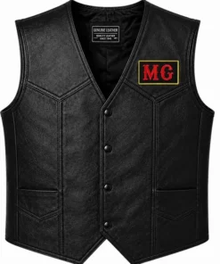 Men’s Black and Red Cowhide Leather Biker Vest  