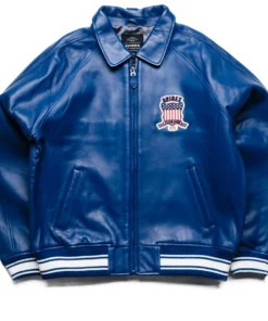 Men’s Blue Leather Varsity Bomber Jacket with USA Patch